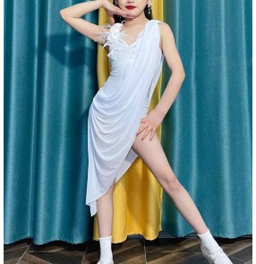 Girls kids white lace fairy latin dance dresses for children ballroom salsa rumba chacha flowy dance costumes for baby